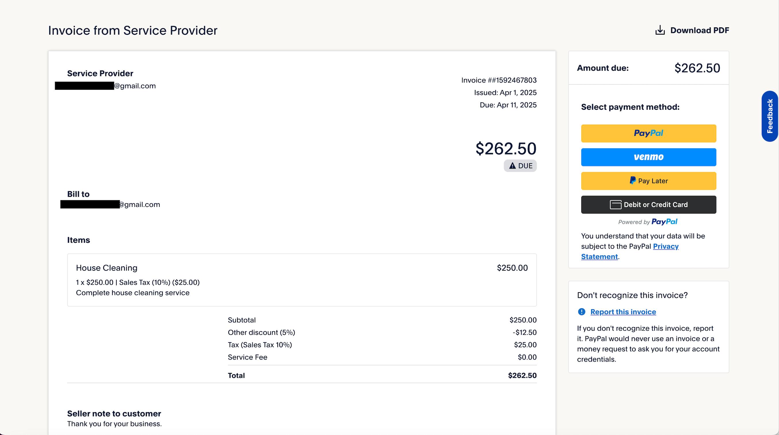 Sample invoice email to a customer